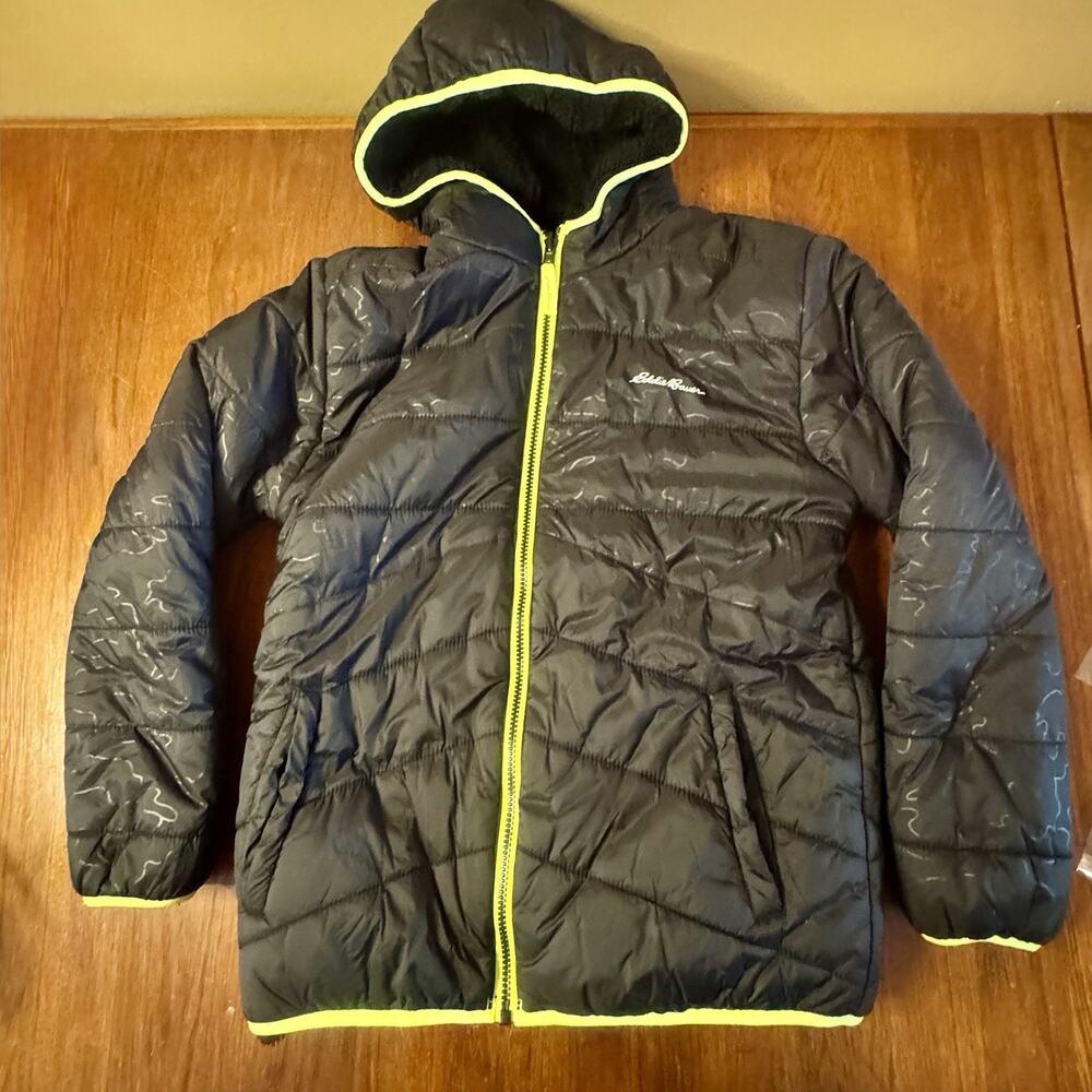 Eddie Bauer Youth XL Puffer Jacket Black Neon Yellow Hood Unisex 14/16